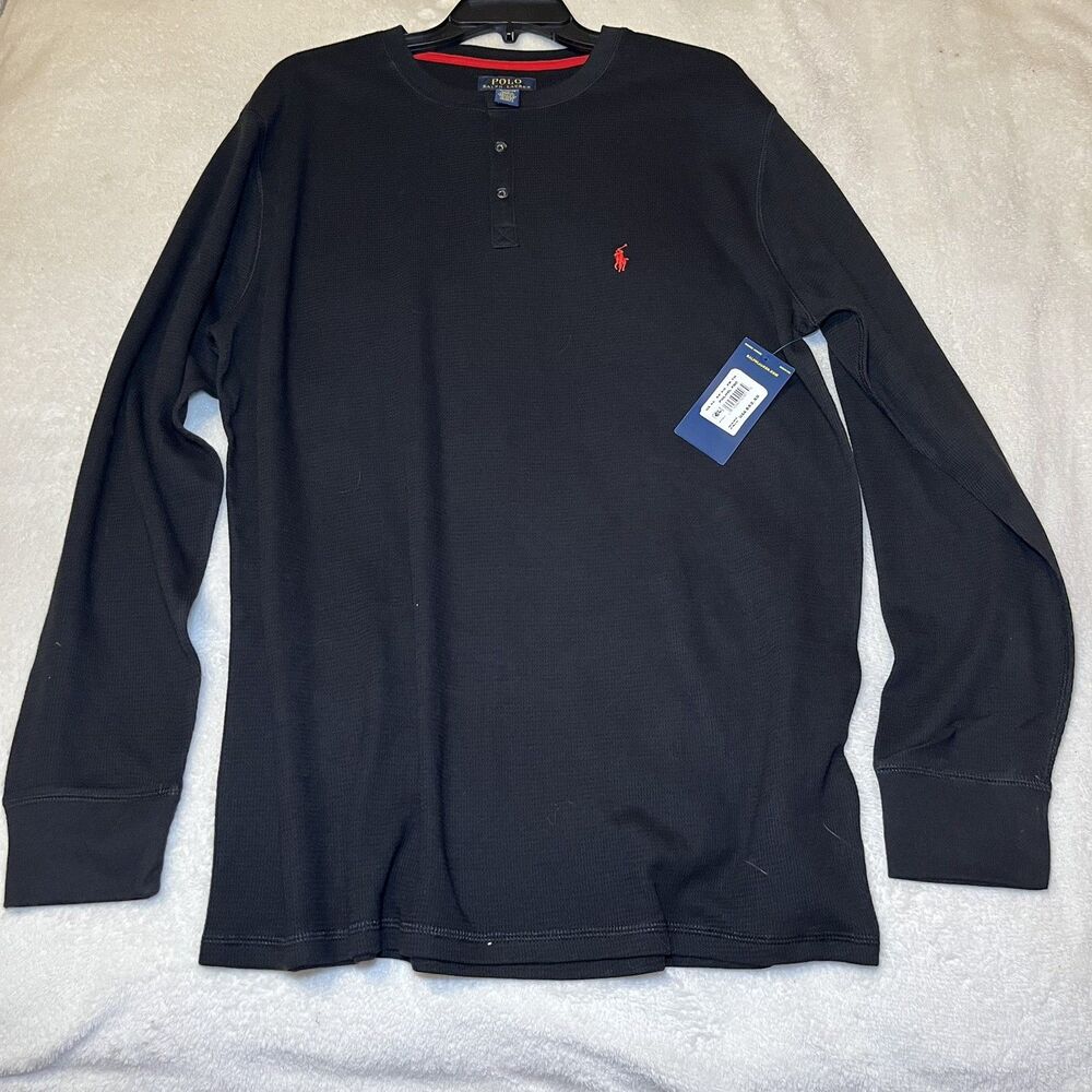 NWT Polo Ralph Lauren Men's XL Black Thermal Long Sleeve Waffle Shirt Red Pony